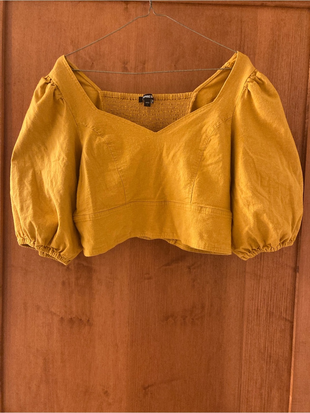 Linen Blend Puff Sleeve Sweetheart Neckline in Mustard/Yellow